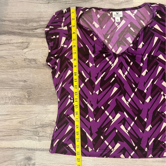 Women's Worthington Petite Stretch Top Blouse Size PXL Purple White Black - Picture 5 of 9